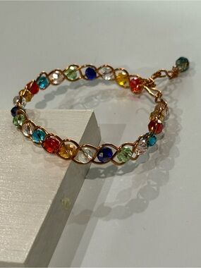 Artisan New Multi Color Copper Wire Boho Bracelet Crystal Glass Bead w Dangle